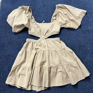Free People Dress Womens XS Beige Puff Sleeve Cutout Tiered Boho Mini Sundress